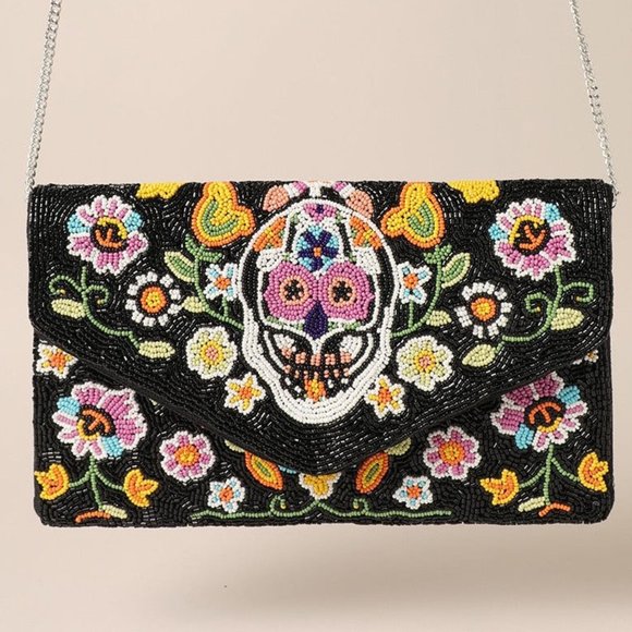 Kikiboheme Handbags - Black Multi Color Sugar Skull Seed Beaded Clutch Crossbody Handbag - BRAND NEW